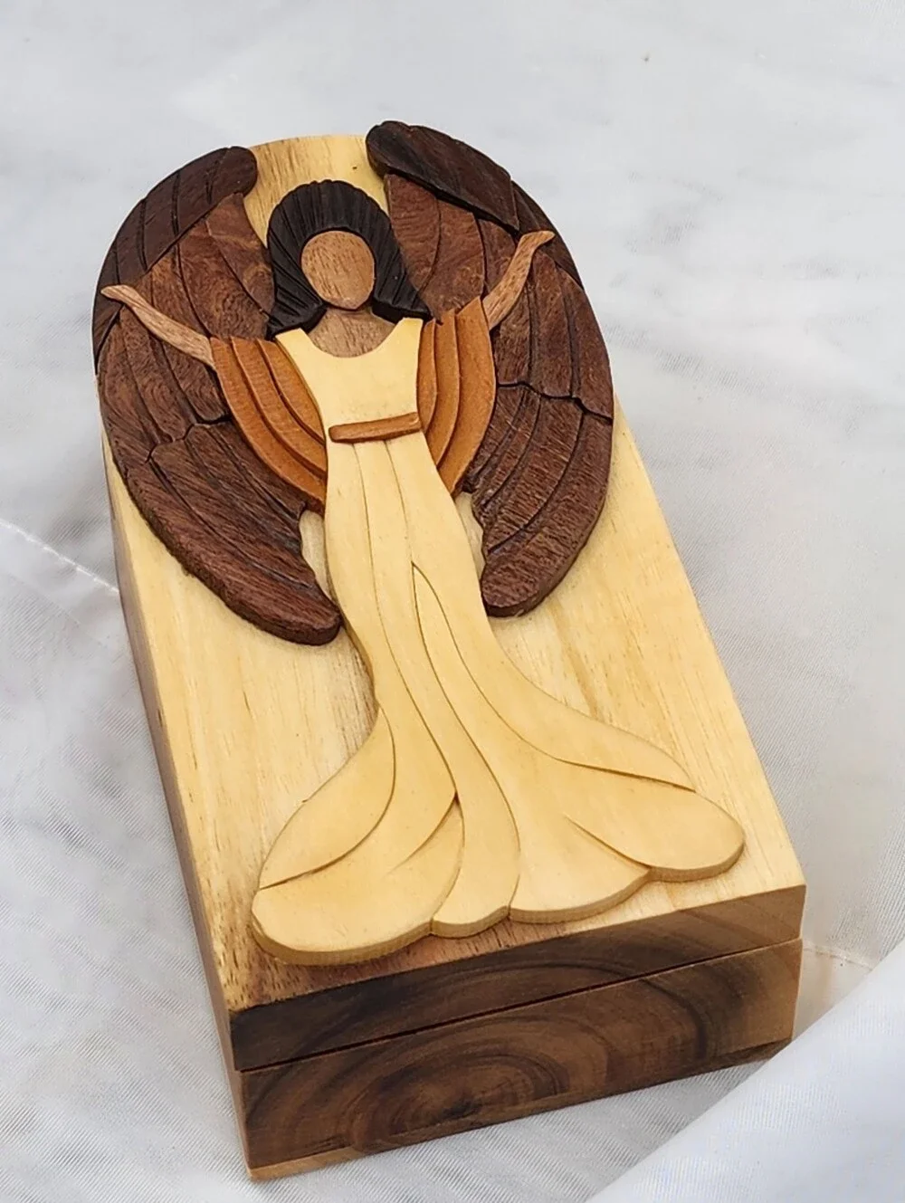 Carver Dan Angel Puzzle Box Hand Carved Wood Trinket Box 6.5